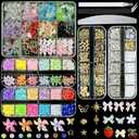 3D Nail Charms for Nail Art Kit, Mix Nail Flowers Bow Gold Nail Charms and Gems, Flatback Pearls Charms Gems AB Rhinestones for Nails Art Tools, Silver Butterfly Charms Nail Decor DIY Accessories