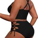 SOLY HUX Women's Plus Size Bikini Set Sexy Swimsuit Lace Up Tummy Control 2 Piece Bathing Suit (Black, XL)