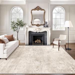Art&Tuft Washable Rugs 9x12, Abstract Area Rugs 9x12 Living Room - Non Slip and Low Pile Soft Thin Rug for Bedroom, Dining Room, Kitchen, Office, Beige