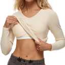 Wingslove Women's Long Sleeve Shirts Thermal Tops V Neck Built in Bra Cold Weather Fit Warm Base Layer Outfits (Oatmeal Beige) S