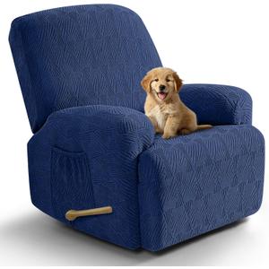 VANSOFY Recliner Chair Covers, 4-Pieces Stretch Recliner Cover Jacquard Soft Reclining Chair Slipcover Furniture Protector with Elastic Bottom for Lazy Boy Recliner(Dark Blue) (1 Seat)
