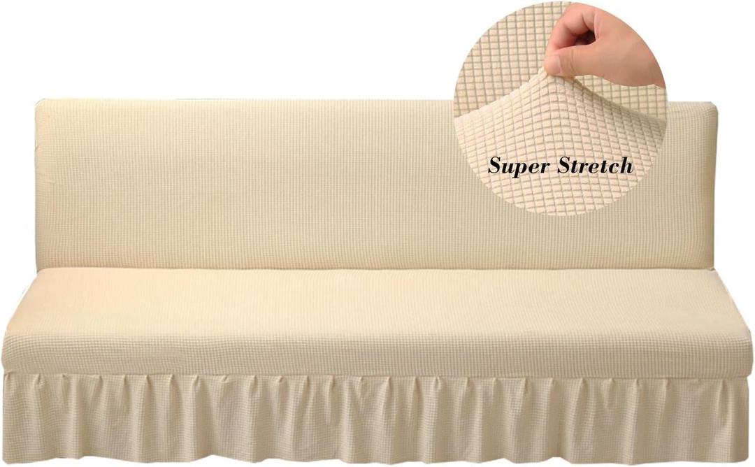 Stretch Armless Futon Cover with Skirt Knitted Jacquard Futon Sofa Bed Cover Machine Washable Futon Couch Cover Futon Sofa Cover Furniture Bed Protector with Elastic Bottom for Kids,Pets(Beige)
