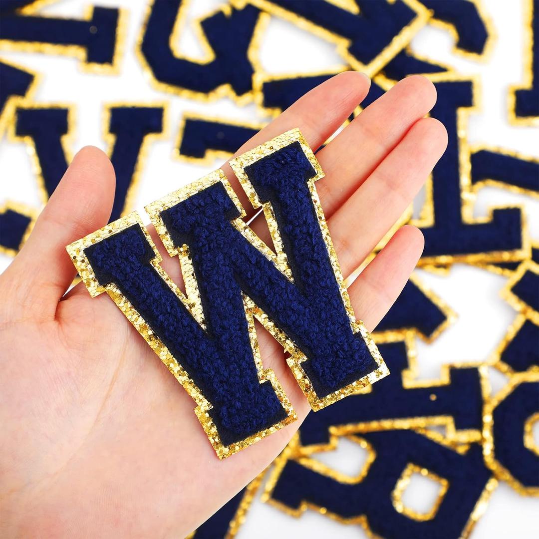 Waydress 26 Pcs Chenille Letter Iron on Patches 2.8 Inch Sew on Chenille A-z Alphabet Letter Patches for DIY Supplies(Retro Blue Style)