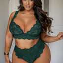 JuicyRose Women Plus Size 2 Piece Lingerie Sexy Floral Lace Scallop Trim Bralette and High Waist Panty Set (Green), 4XL