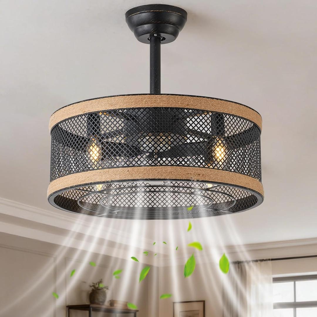 20in Fandelier Caged Ceiling Fan with Light,6 Speeds Low Profile Ceiling Fan with Light and Remote,for Bedroom,Kitchen,Ourdoor,Patio(Black)