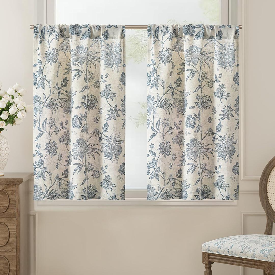 jinchan Floral Linen Tier Curtains 36 Inch Farmhouse Cafe Curtains Rod Pocket Country Flower Drapes for Small Windows for Kitchen Laundry Room Bathroom RV 2 Panels Light Filtering Blue on Beige