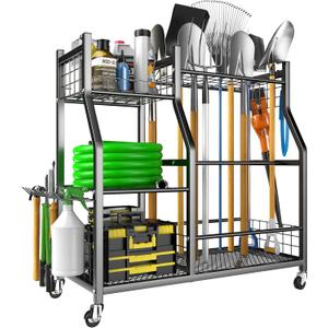 EVERHANGER Garden Tool Organizer Stand, Garage Tool Storage Organization, Yard Tool Racks with lockable wheels, Fit for Long-Handled Tools/Rakes/Brooms (Large)