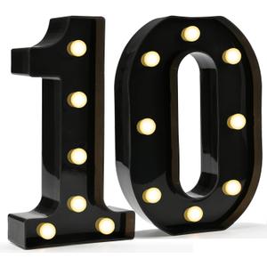 Pooqla Decorative Led Light Up Number Letters, Black Plastic Marquee Number Lights Sign for 10th Birthday Party Wedding Decor Battery Operated Black Decoration 10