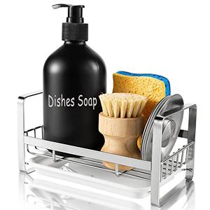 TEZZ Sponge Holder for Kitchen Sink, Stainless Steel Kitchen Storage Sink Caddy for Organizing Sponge, Brush & Dish Soap Dispenser, Sink Organizer Rack with Adhesive or Counter top, Silver