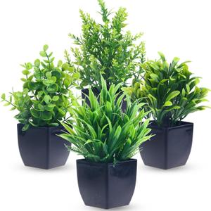 GREENTIME 4 Pack Fake Plants in Black Pot Mini Artificial Eucalyptus Potted Plant Small Faux Grass Greenery Potted for Indoor Home Office Farmhouse Bathroom Table Decoration (Black-natural)