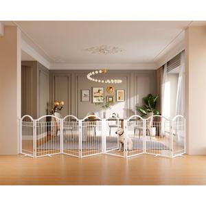 BHG Metal No-Assembly Freestanding Dog Gate with Door Walk Through, Extra Wide 192", Extra Tall 32" Pet Gate, Accordion Puppy Folding Playpen Dog Fence, with 2PCS Support