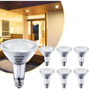 PAR30 Long Neck Halogen, 60W - 6 Pack PAR30 Flood Light Bulbs E26 Base, PAR 30 Dimmable 2800K Warm White, Long Lasting PAR 30 Halogen Bulb for Accent Lighting, Tracking Light, Recessed Lights 