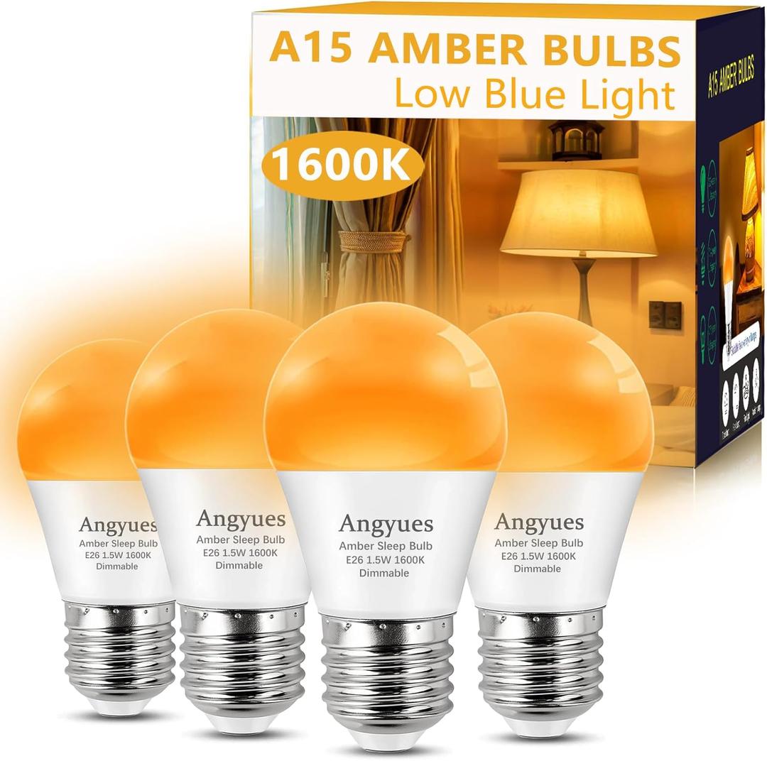 Amber Sleep Light Bulbs Dimmable, Blue Light Blocking, A15 1.5W(15 Watt Equivalent) Dim Light Bulbs for Lamp, 1600K Warm Light Bulb, E26 for Healthy Sleep, Bedroom, Kids Room, 4 Pack