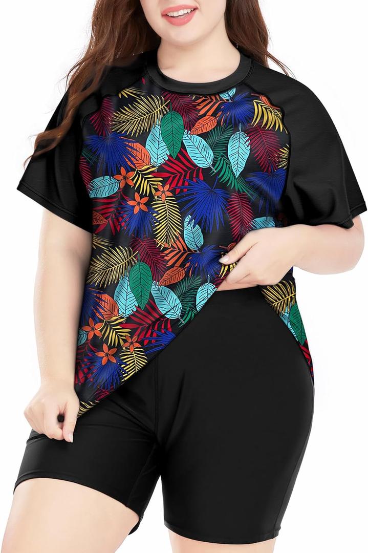 Davena Women's Plus Size 2 Piece Rash Guard Short Sleeve Swimsuit with Boyshorts Swim Shirt UPF 50+ (X-Large Plus)