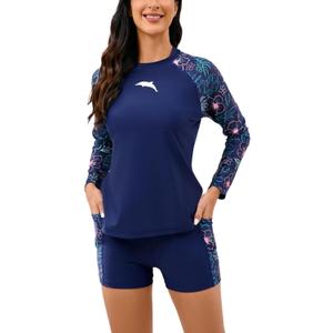 Halcurt Women's Built in Bra Rash Guard Long Sleeve Swimwear UPF 50 Two Piece Swim Shorts and Tops (Medium, Navy Multicolored Floral)