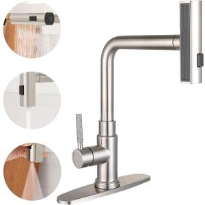 Waterfall Kitchen Faucets with Pull Down Sprayer, Three Function Sprayer Single Handle Sink Faucet 1 or 3 Hole Installation, 360Rotatable Kitchen Sink Faucet, Brushed Nickel