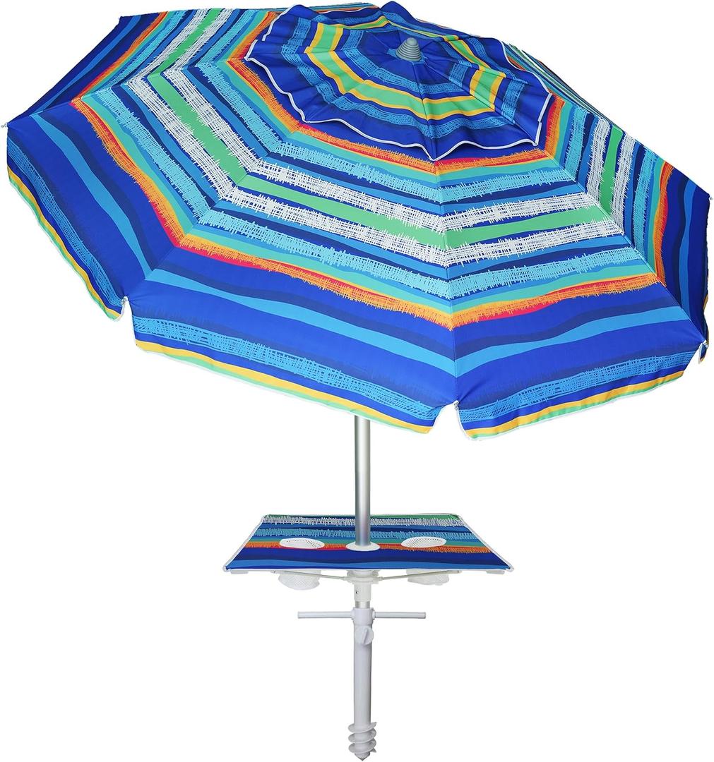 AMMSUN Beach Umbrella with Sand Anchor & Table Tray, Portable Heavy Duty Beach Umbrellas, 6.5ft Sun Outdoor Umbrella, UV 50+ Protection, Carry Bag for Beach, Patio, Pool and Garden, Stripes