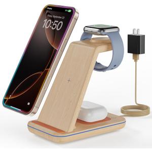 3 in 1 Wireless Charging, Wireless Charger Stand for Multiple Apple Devices, Wireless Charger for iPhone 17 16 15 14 13 12 11 Pro Max XS XR 8, Apple Watch 11 9 8 7 6 SE 5 4 3 2, AirPods 3/2/Pro (Light Wood Grain)