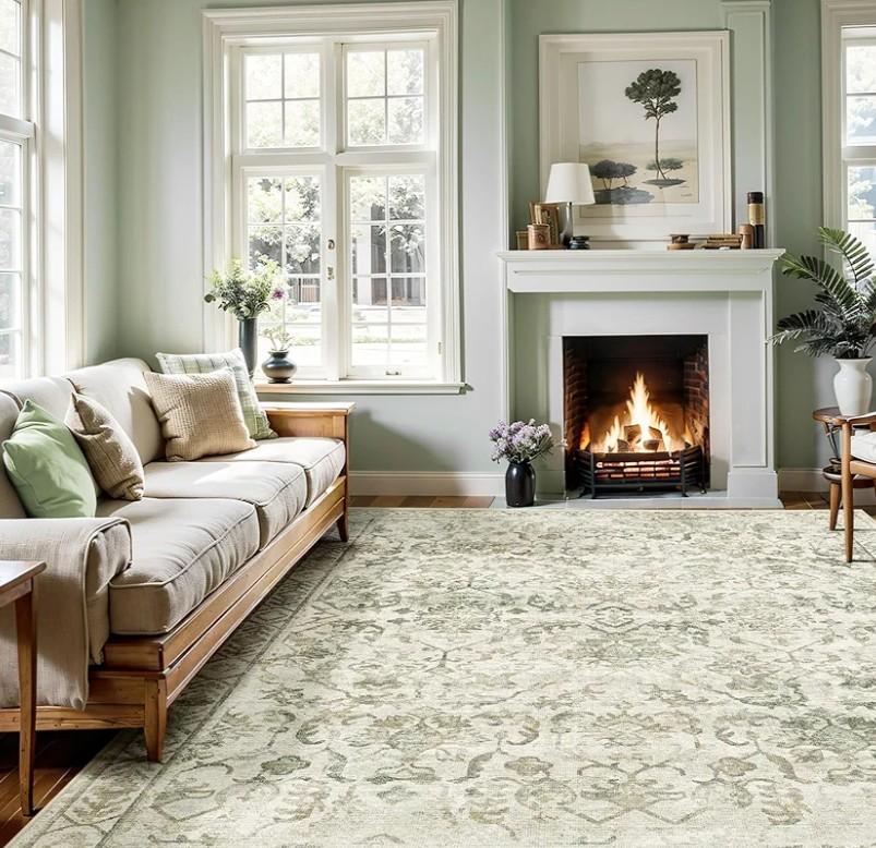 Vintage Living Room Area Rug 5x7 for Dining Room, Washable Distressed Farmhouse Soft Thin Non-Shedding Indoor Throw Rug, Traditional Accent Floral Print Beige Green Carpet for Bedroom Kitchen Office