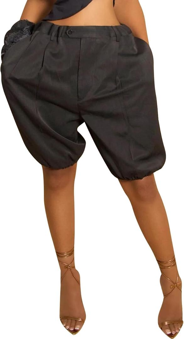Unybwonn Bermuda Shorts for Women Baggy Knee Length Elastic Waist Jorts High Waisted Wide Leg Y2k Short Pants Streetwear (Black, L)