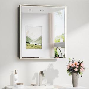 TokeShimi 24x26 Beveled Mirror Medicine Cabinet Recessed, Aluminum Framed Metal Brushed Nickel Medicine Cabinet with Mirrored, Bathroom Mirror with Adjustable Storage and Quiet Hinge
