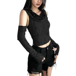 YISHATIER Women Off Shoulder Hooded Top - Ripped Crop & Long Sleeve Y2K Tees With Detachable Sleeves S