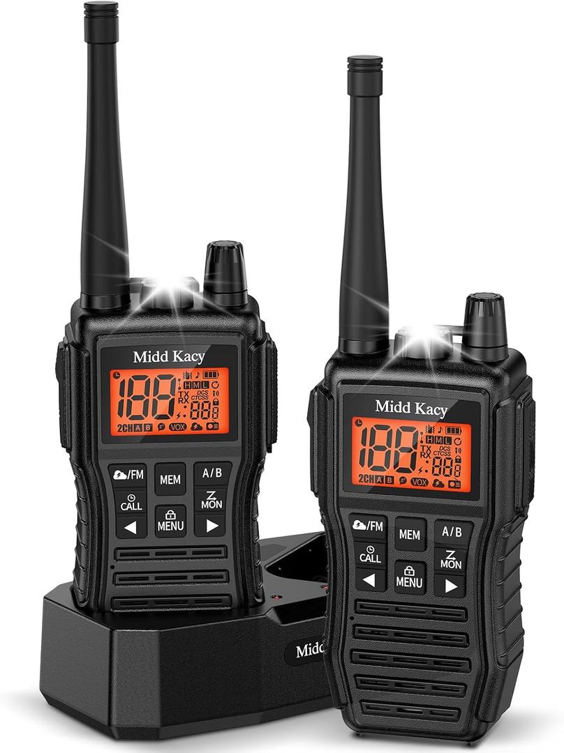 Midd Kacy MK208 Two Way Radio,Walkie Talkies, GMRS Walkie Talkies Long Range with 61 Channels,121 Privacy Codes,New Flashlight,MEM,IP55 Waterproof,SOS,NOAA Weather Alerts,VOX-Black,2 Pack