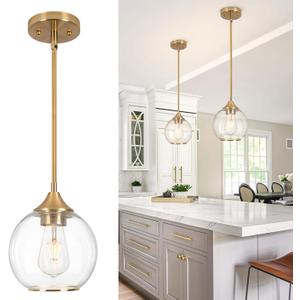Pendant Lights Kitchen Island,Farmhouse Gold Pendant Light With Clear Glass Globe Shade,7" Glass Pendant Light for Brushed Bronze Finish Farmhouse Entryway Dining Room Kitchen Island 1 Light