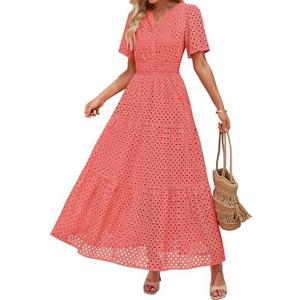 ZESICA Women's 2025 Summer Short Sleeve Maxi Dress Casual V Neck Hollow Out Eyelet Ruffle Swing A Line Long Dresses, Size XL