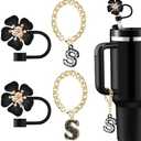 Straw Covers for Stanley Cup Accessories: Black Decorations for Stanley 30 oz & 40 oz Tumbler with Handle, Bling Letter Charms and Flower Silicone Straw Cap Topper, Trendy Stuff for Teen Girls & Women, Set of 3