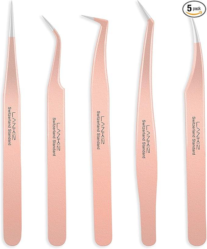 LANKIZ Eyelash Extension Tweezers Set 3 PCS for Eyelash Extensions Stainless Steel Lash Tweezers for Volume Lash ExtensionsRose Gold pinzas para pestaas pelo a pelo
