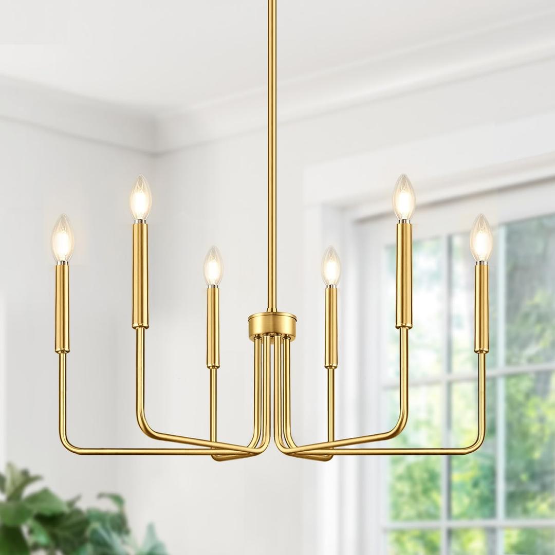 Brass Gold Chandelier, 6-Light Chandelier Light Fixture Farmhouse Chandeliers for Dining Room, Vintage Candle Pendant Light Fixtures Chandelier for Bedroom, Kitchen, Foyer, Entryway and Living Room