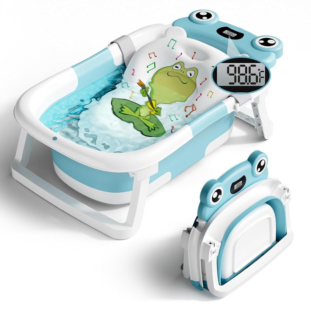 Baby Bathtub, Collapsible Newborn Bathtub for Infant to Toddler 0-24 Months with Soft Bath Net,Portable Travel Newborn Tub with No-Slip Feet, Baby Shower Gifts,Sky Blue