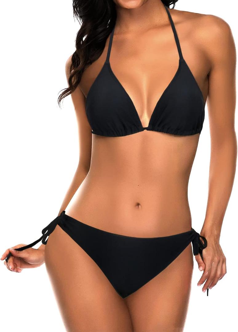 Tempt Me Women Triangle Bikini Sets Halter Two Piece Sexy Swimsuit String Tie Side Bathing Suit (1 Black)