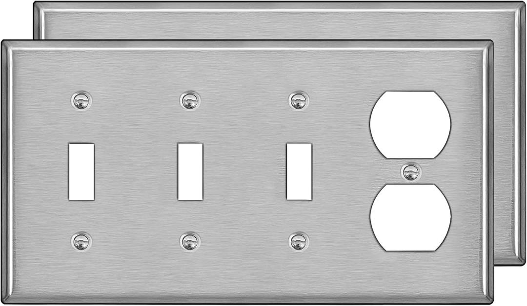 [2 Pack] BESTTEN 4-Gang Combo Metal Wall Plate with Protective Film, 1-Duplex/3-Toggle, Standard Size, Corrosion-Resistant Stainless Steel Outlet and Switch Cover, Brushed Finish, Silver
