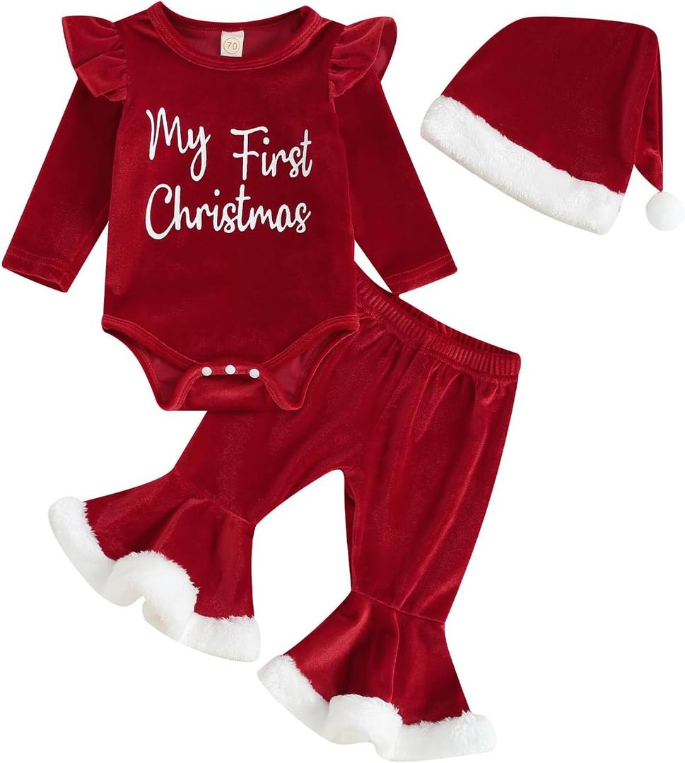 FIOMVA My First Christmas Baby Girl Outfit Newborn Fall Winter Onesie Bell Bottoms Hat 3pcs Set Romper Pants Clothes (6-12 Months, D Red)