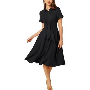 GRACE KARIN Womens Linen Dresses Summer Casual Flowy Collar Button Down Dress Front Tie Short Sleeve Pockets Midi Work Dress 2XL