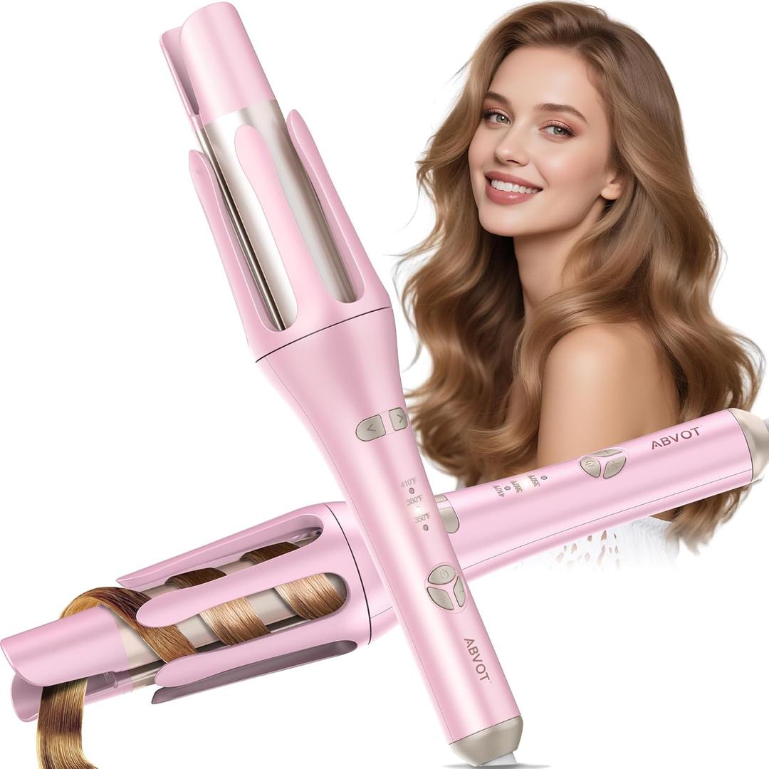 Automatic Rotating Curling Iron 1 1/2 inch, ABVOT Pro Long Barrel Hair Curlers for Long Hair, Anti-Scald & Tangle, Ionic Ceramic Travel Dual Voltage Curling Wand for Shiny & Effortless Curls (Starlight Blush Pink)