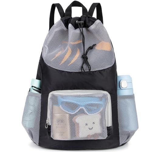 Veious Swim Bag for Kids Drawstring Backpack for Boys Lightweight Mesh Beach Backpack Swimming Pool Sports Gym String Bag Black
