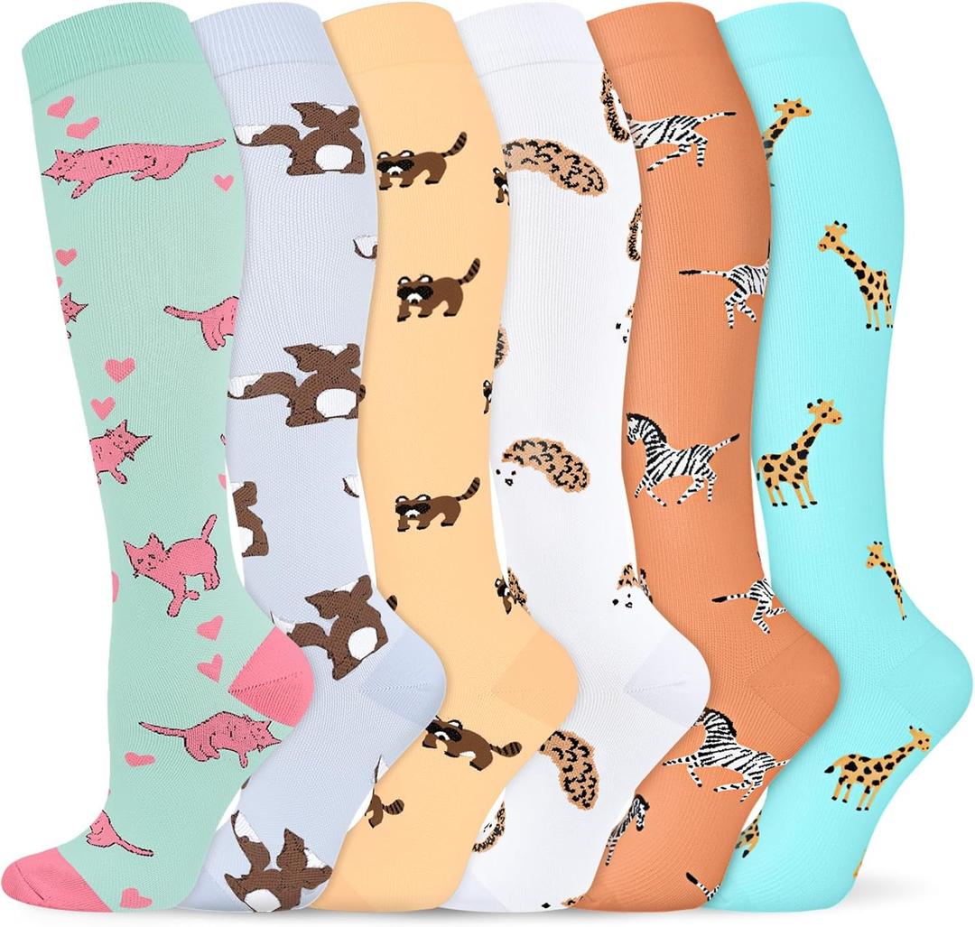 Graduated Compression Socks for Women&Men 20-30mmhg Knee High Socks Travel Hiking Running Stocking (Large-X-Large, 12-6 Pairs Animal Series04)