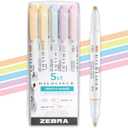 Zebra Pen Mildliner Dual-Tip Highlighter Set, Broad and Fine Point Tips, No Bleed, Ideal for Bible Highlighting, Giftable Art Supplies and Teacher Gifts, Assorted Gentle Ink Colors, 5-Pack (78705)