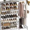Shoe Rack with Coat Rack, 8 Tier Tall Shoe Storage Organizer with Hooks, 3-in-1, Wooden Top Shelf, Sturdy Frame, Metal Clothes Hanger Stand for Entryway, Closet, Silver