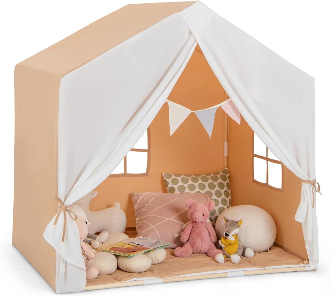 Large Kids Tent with Mat, Children's Play Tent w/Flag Banner, Windows, Gauze Curtain, Solid Wood Frame, Indoor Outdoor Kids Playhouse for Boys & Girls Age 3 + (Orange)
