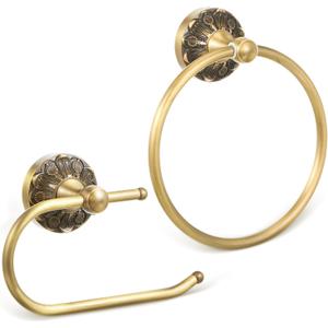 2 Pieces Set Antique Brass Toilet Paper Holder Retro Brass Hand Towel Ring Tissue Roll Paper Hanger Bathroom Hardware Wall Mounted Vintage Bathroom Accessories (Retro)
