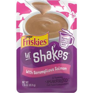 Purina Friskies Pureed Cat Food Topper, Lil’ Shakes With Scrumptious Salmon Lickable Cat Treats - (Pack of 16) 1.55 oz. Pouches (EXP 06/30/27)