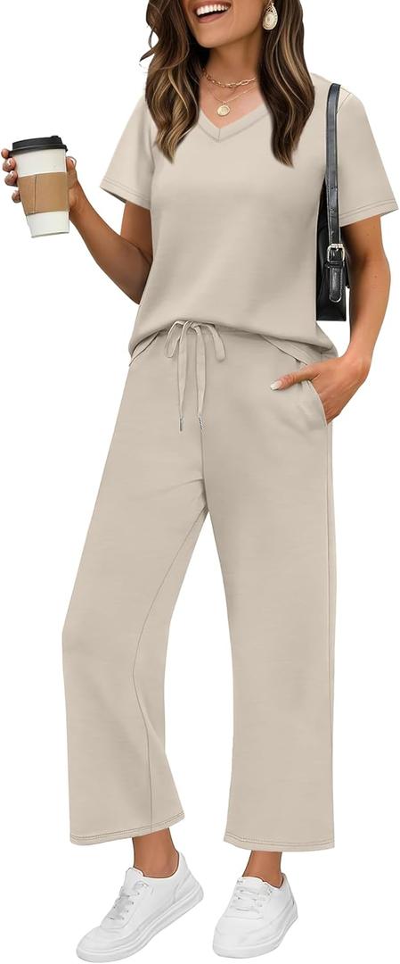 WIHOLL 2 Piece Sets for Women Summer Lounge Set Wide Leg Pants Matching Set Vacation Travel Outfits Beach Clothing (Medium, Beige)