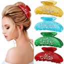4 Pcs Christmas Hair Claw Clips for Women Girls Green Gold Hair Clips Cute Rhinestone Red Blue Banana Clamp for Christmas Women Accessories