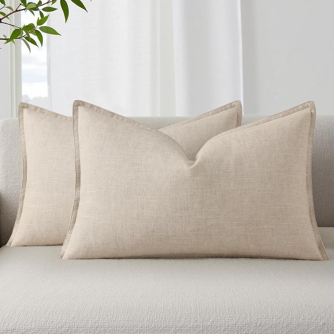 DecorUhome Summer Decorative Linen Throw Pillow Covers 12x20 Inch Set of 2 Natural Beige Lumbar Pillow Covers with Flange Edges Soft Farmhouse Boho Accent Pillow Cases for Couch Bed Living Room