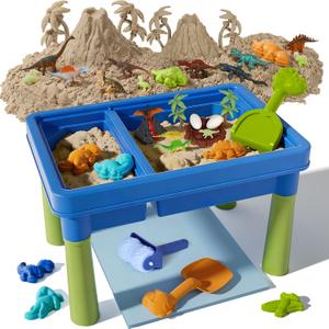 Lehoo Castle Dinosaur Sensory Table with Sand, Sand Table with Lid & 16 Dinosaurs, Adjustable Legs, Indoor Outdoor Play, Role Play Beach Toy, Birthday Gift for Boys Girls