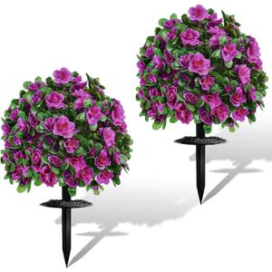 Artificial Flowers for Outdoors, Faux Outdoor Plants Fake Plants Topiary Balls Artificial Outdoor Set of 2 with Ground Spike for Home Front Porch Patio Garden Decor (Rose Purple)